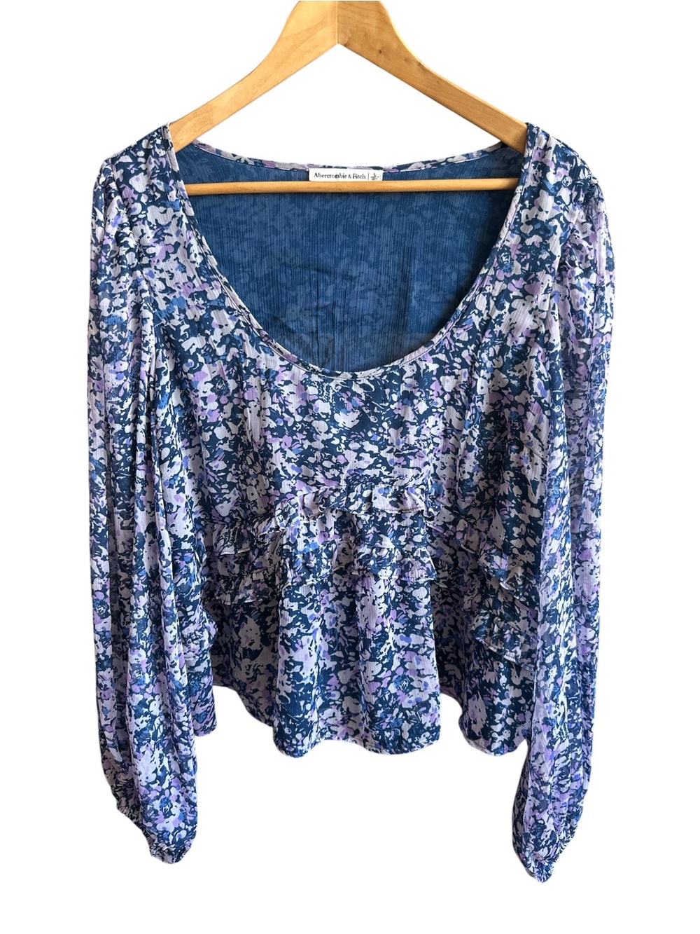 Abercrombie & Fitch Blue Purple Floral Long Sleeve Chiffon Peasant Blouse Sz L